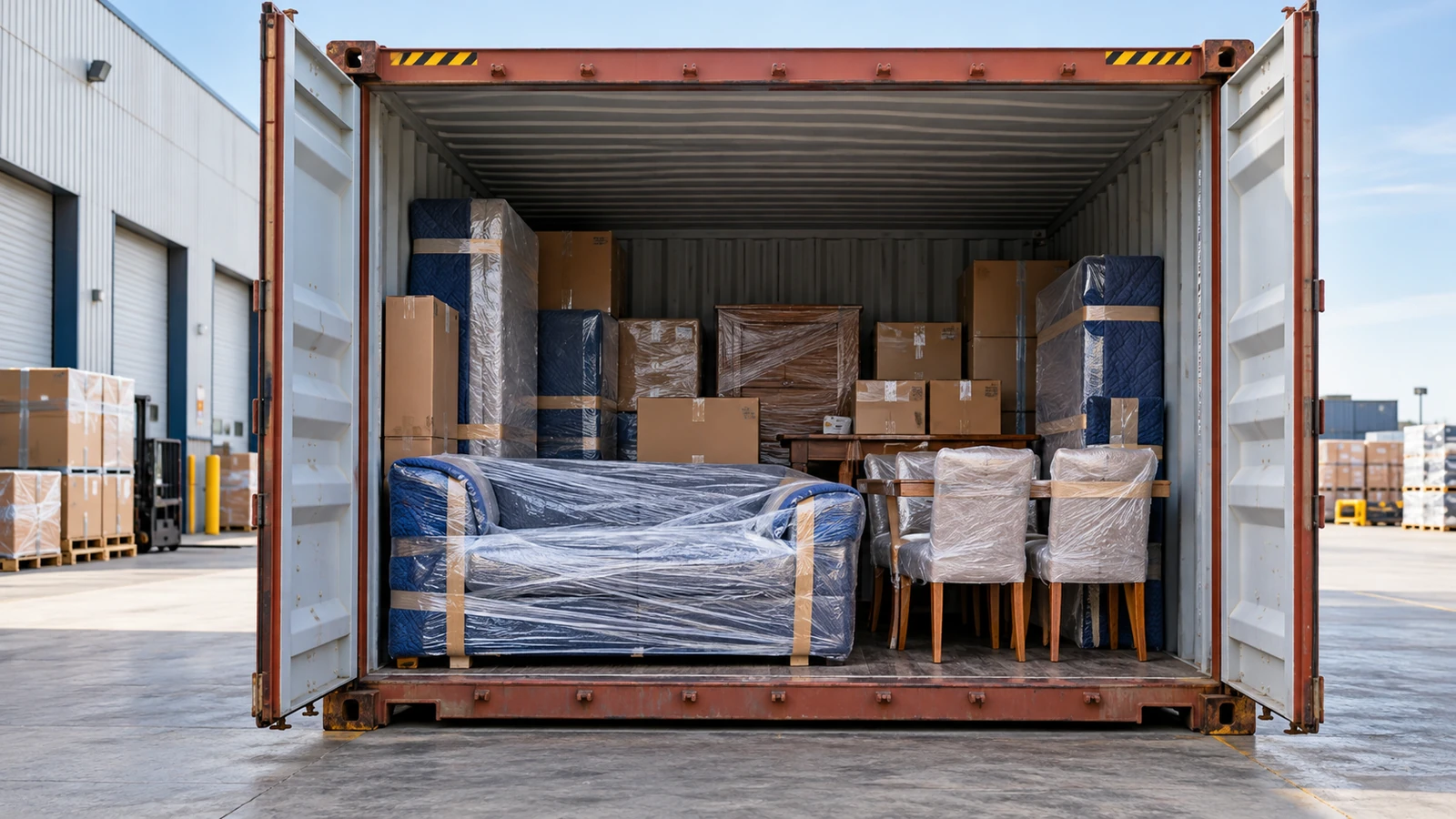 A straight-on open dry container with protected household furniture and cartons, a balanced furniture-led composition, no moving-company crew.