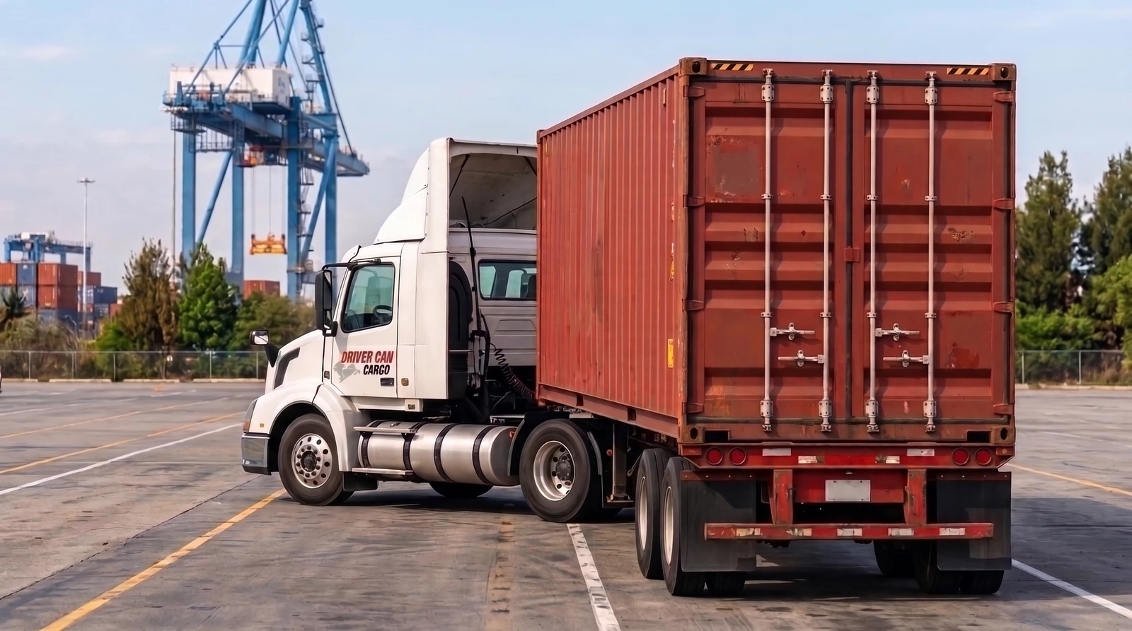 White Volvo tractor with a raised white roof fairing and a dry container.