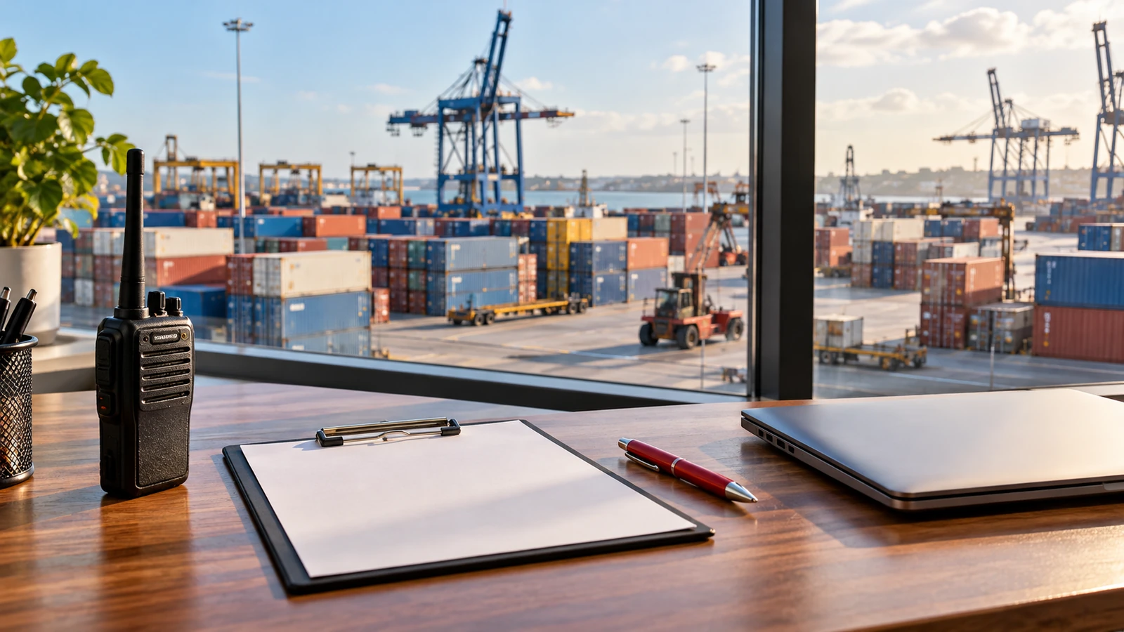 A radio, closed notebook and open laptop on a quiet logistics desk facing a container yard; the equipment forms a welcoming contact-point composition.