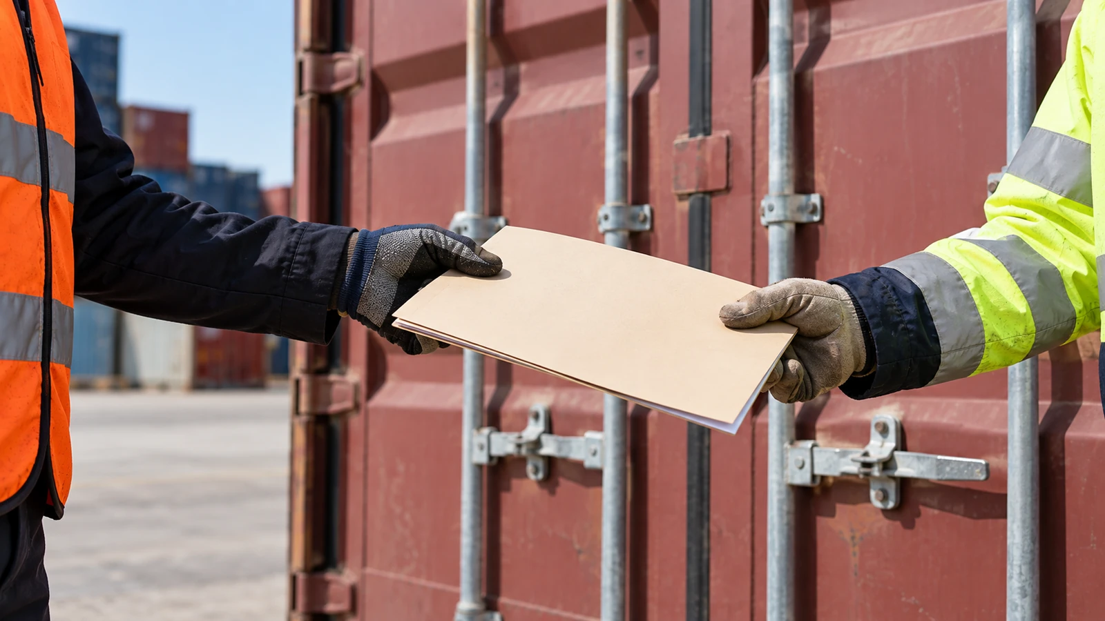 A close commercial handoff beside closed container doors: two gloved site contacts passing one plain folder, faces outside the crop.