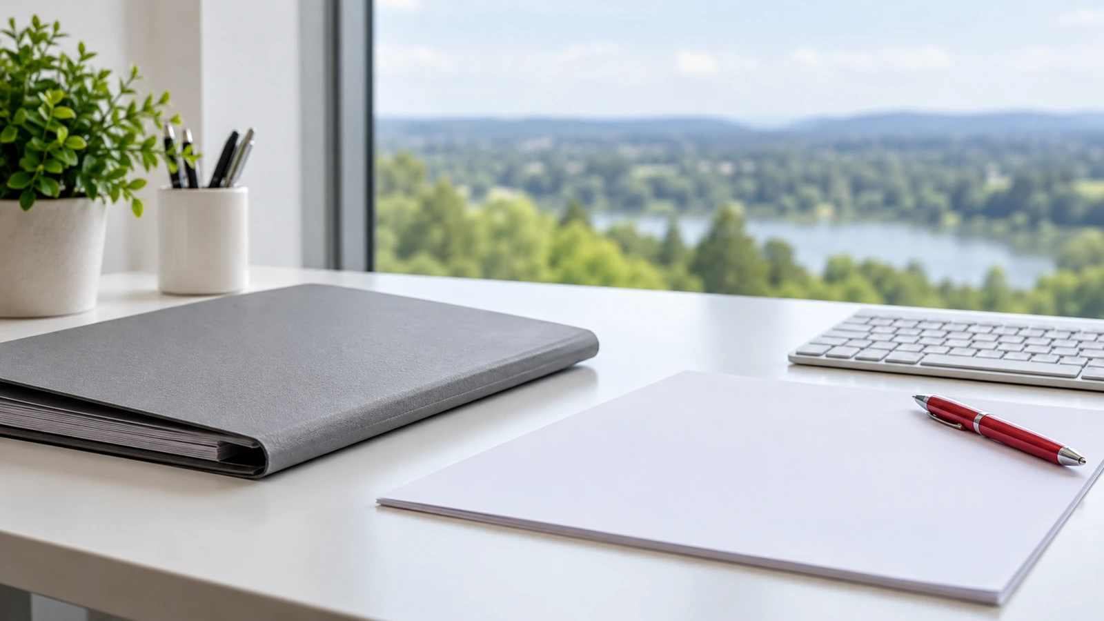 One closed grey document folder and a small stack of blank paper on a clean white desk, with a closed laptop corner; calm high-key light.