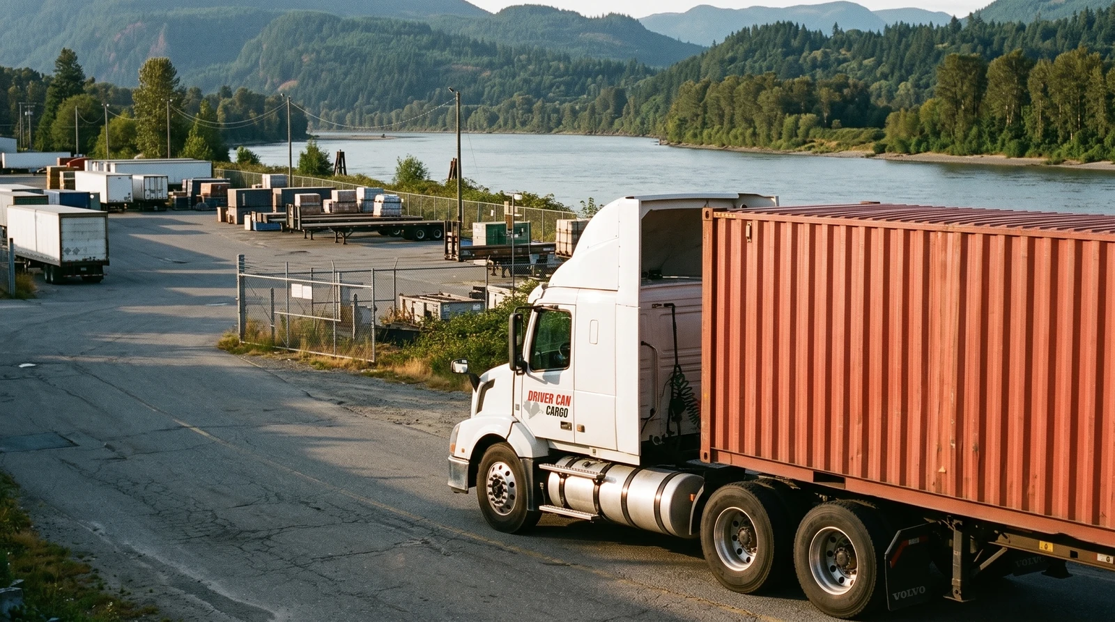 White Volvo tractor with a raised white roof fairing and a dry container.