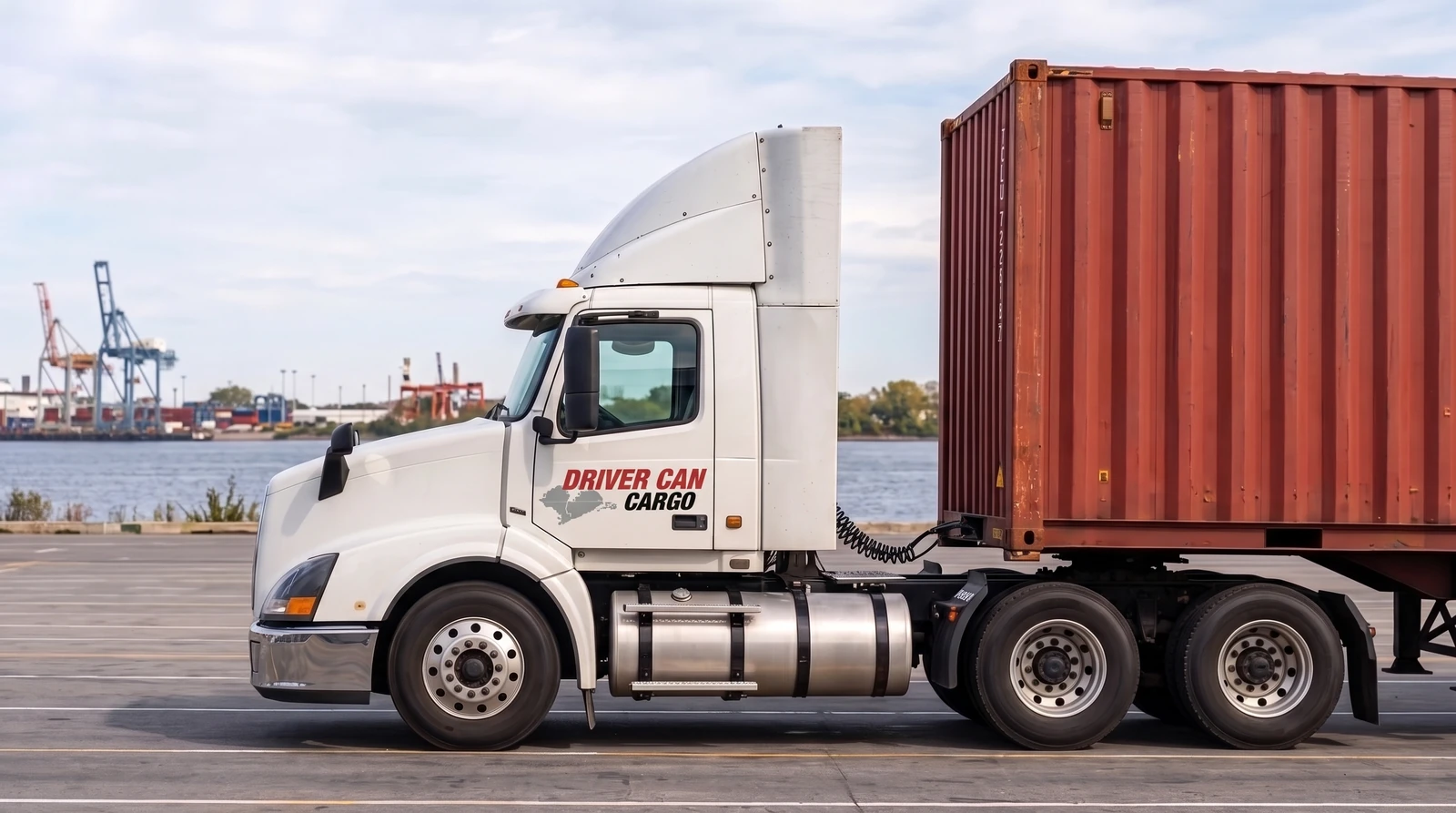 White Volvo tractor with a raised white roof fairing and a dry container.