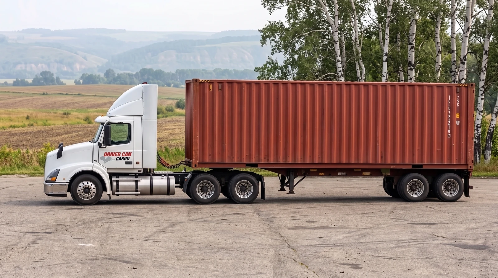 White Volvo tractor with a raised white roof fairing and a dry container.