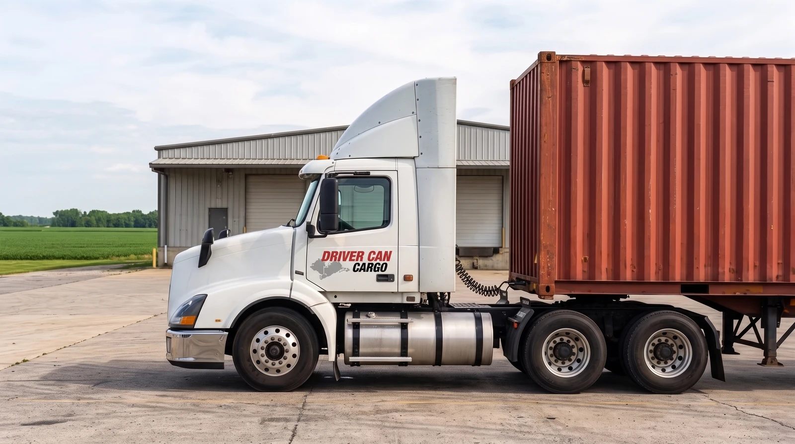 White Volvo tractor with a raised white roof fairing and a dry container.