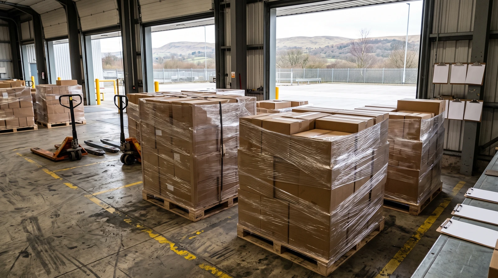 Marchandises emballées et matériel de préparation dans un espace de réception.