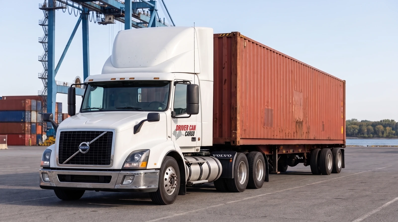 Camion Volvo blanc avec déflecteur de toit surélevé et conteneur sec.