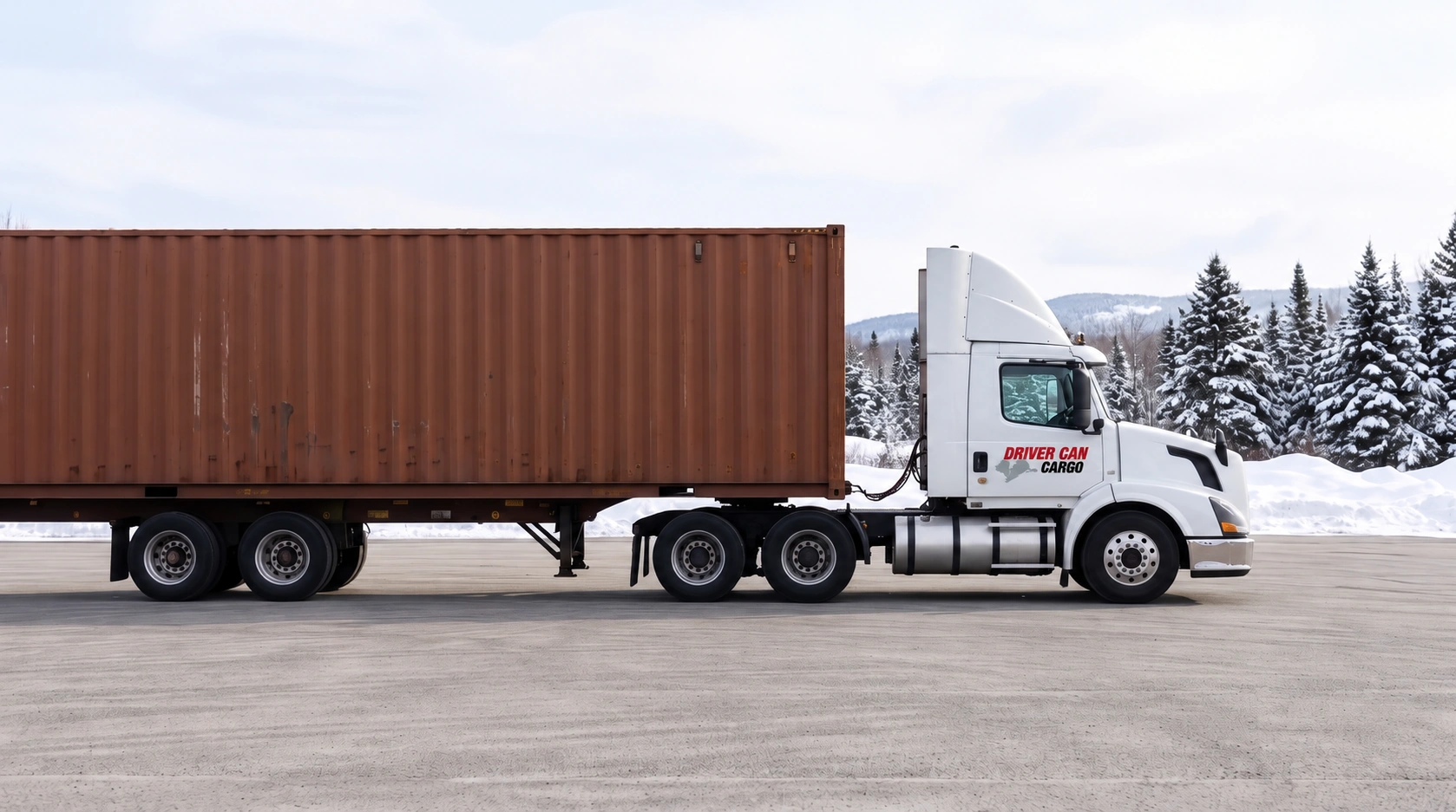 Driver Can Cargo truck and dry container in a Quebec winter landscape.