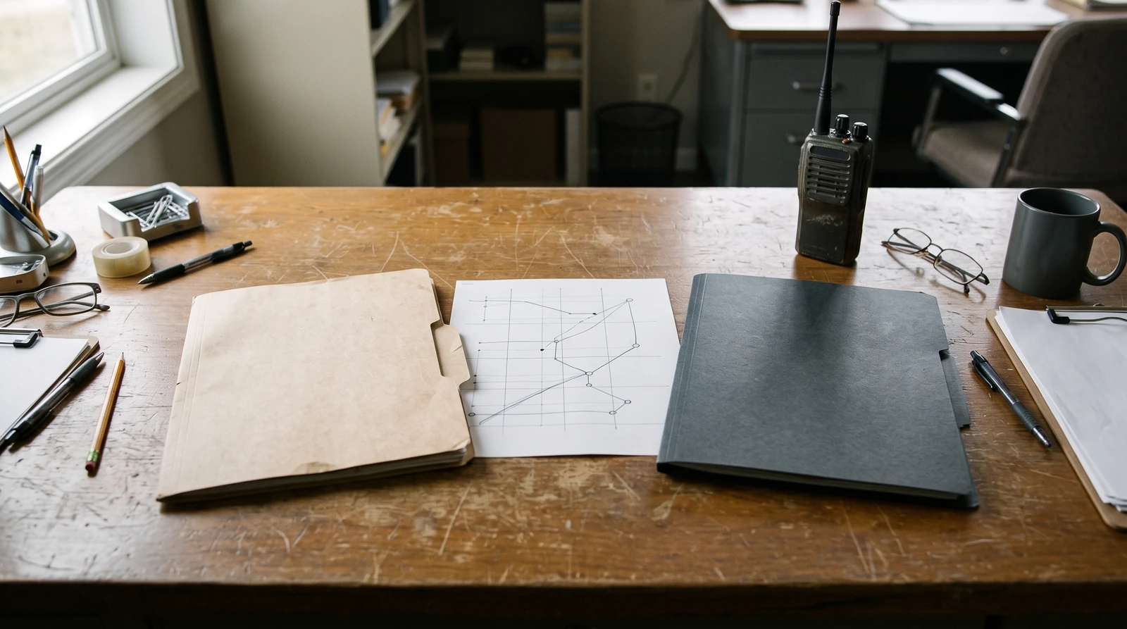 A broker planning table with two neutral pickup/receiving folders linked by a simple blank route sheet, a radio at the edge; no confidential data.