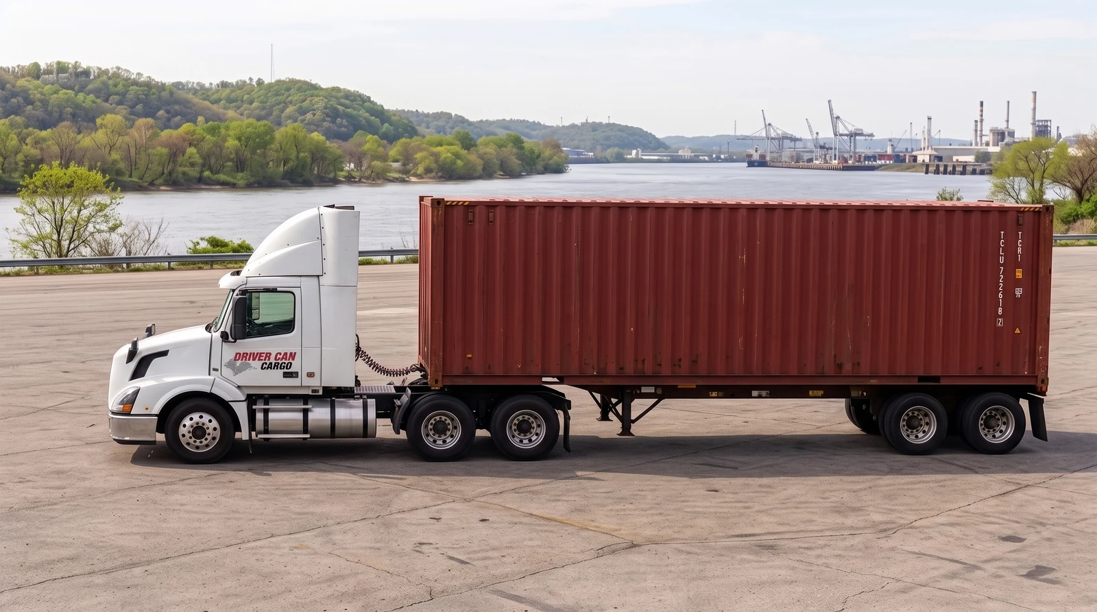Camion Volvo blanc avec déflecteur de toit surélevé et conteneur sec.