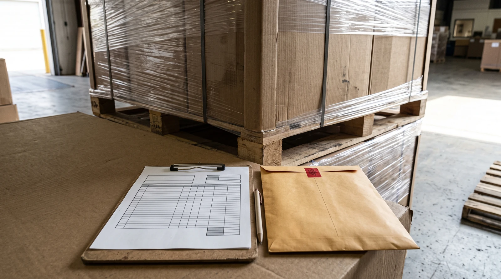 Marchandises emballées et matériel de préparation dans un espace de réception.