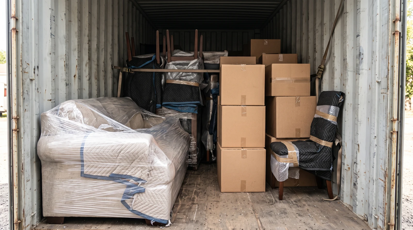Protected household furniture arranged inside an open container: one wrapped sofa, dining chairs and cartons, natural doorway light.