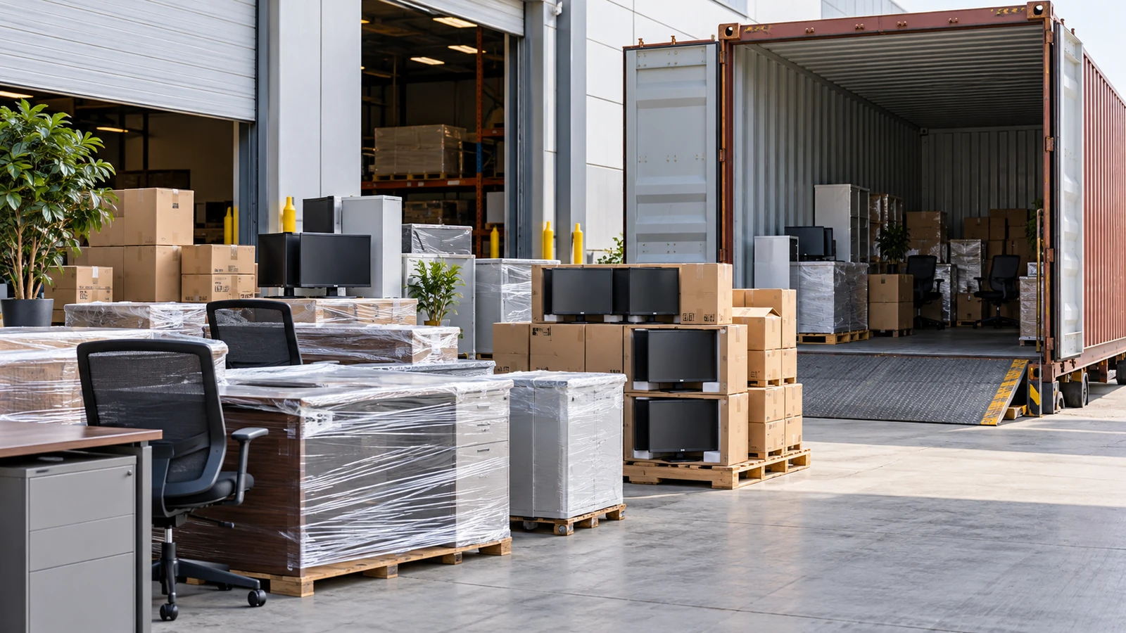 Wrapped office furniture and protected monitors grouped beside a correctly aligned container entrance, stock ready for a business transfer.