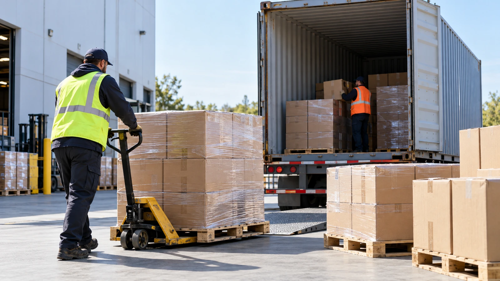 A pallet jack beside wrapped retail cartons in a commercial dispatch area, worker positioned safely at ground level if present, no carrier packing implication.