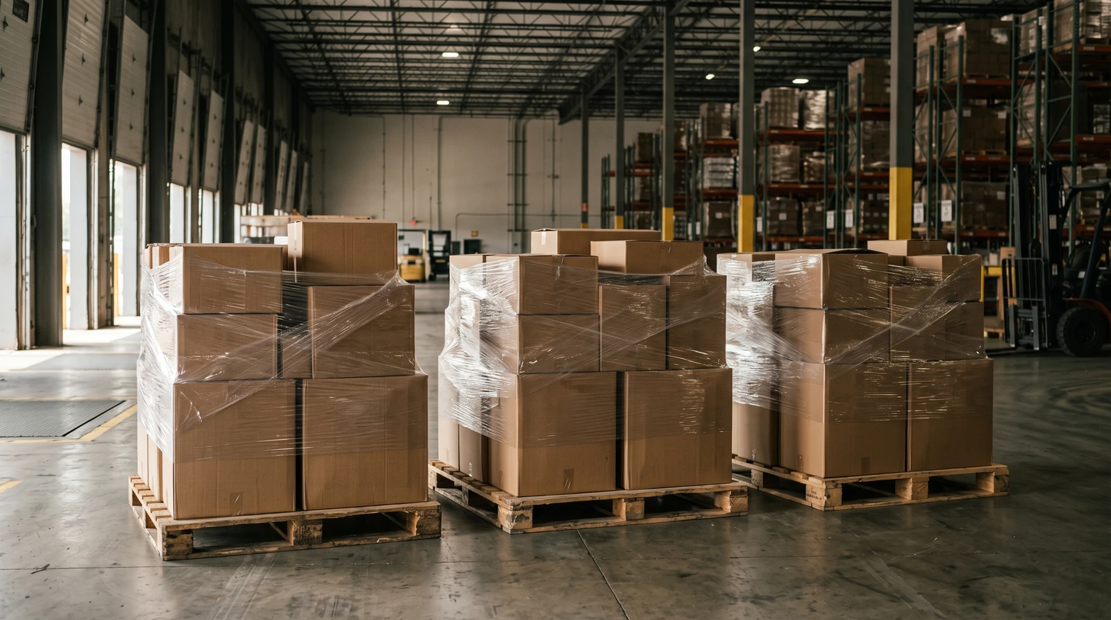 Marchandises emballées et matériel de préparation dans un espace de réception.