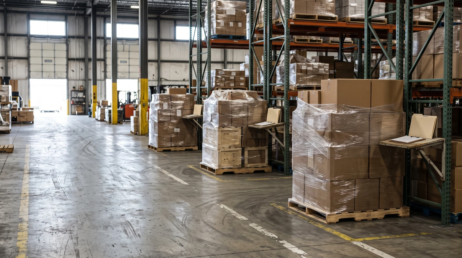 Marchandises emballées et matériel de préparation dans un espace de réception.