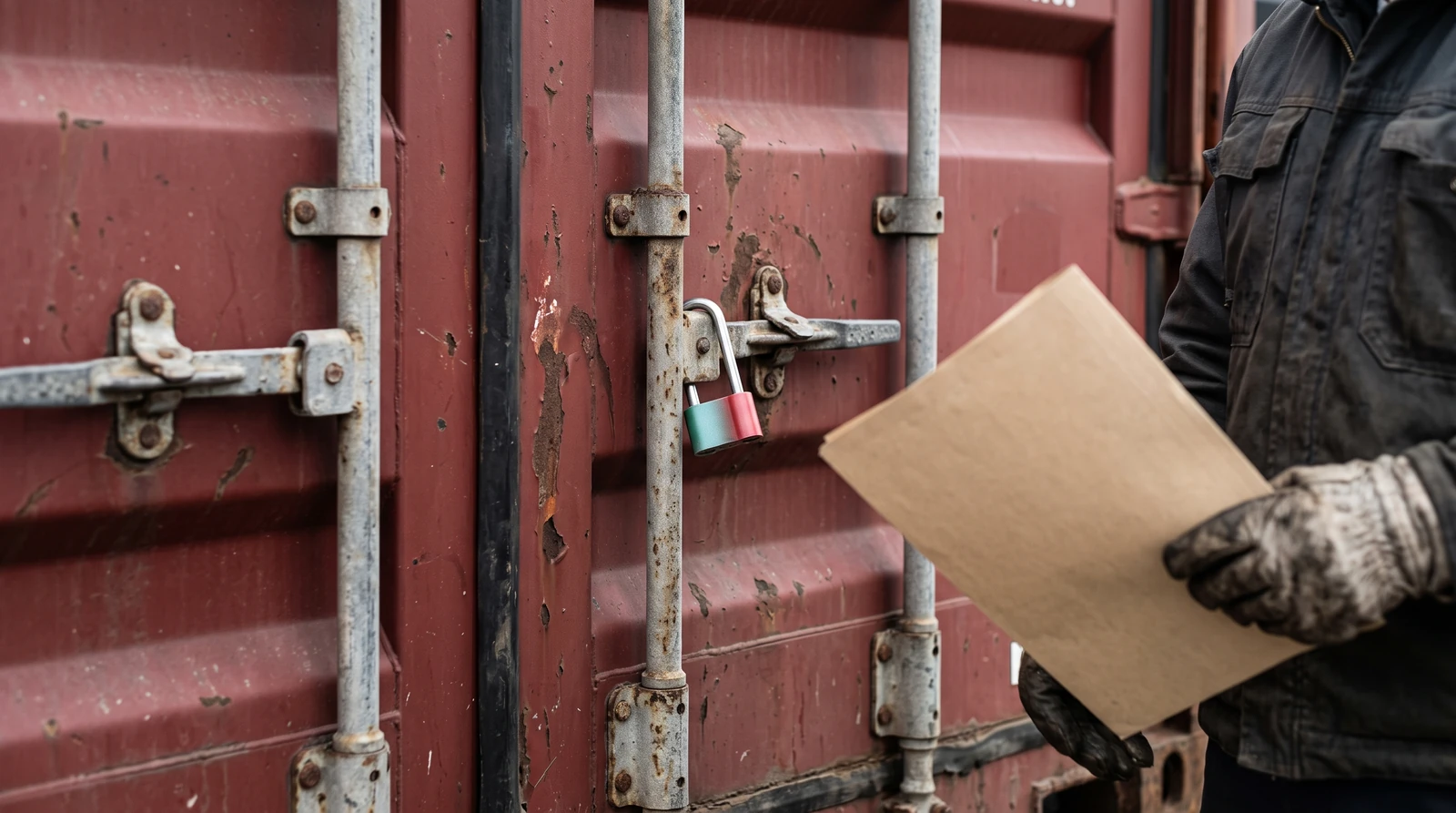 A closed container door with locking bars and a security seal in sharp focus, blank dispatch folder held at the frame edge, no readable seal number.