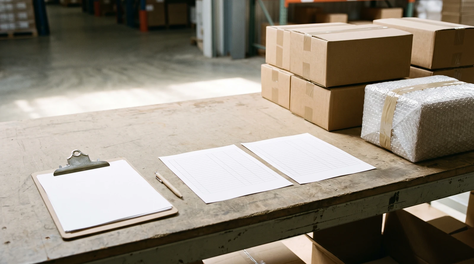 A receiving clipboard beside neatly packed cartons and one protected item, two blank count sheets separated clearly on a clean receiving bench.