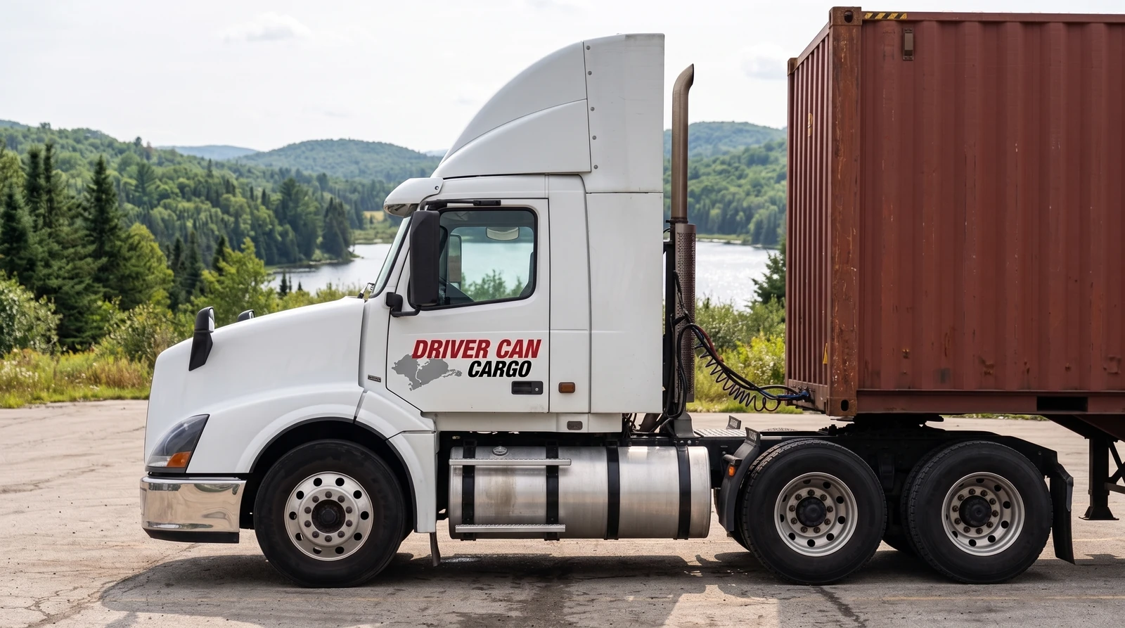 Camion Volvo blanc avec déflecteur de toit surélevé et conteneur sec.