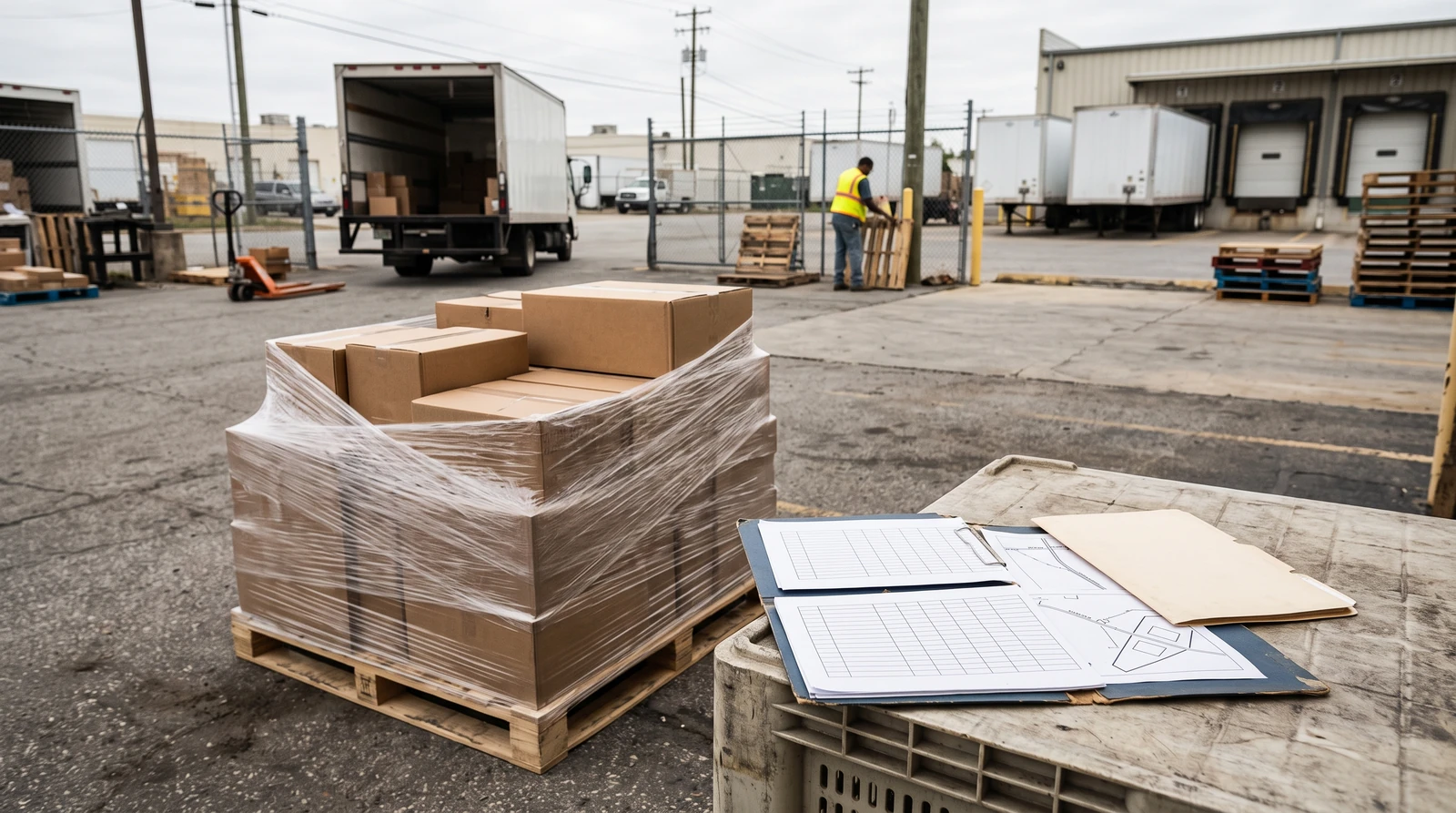 A two-site transfer plan shown by two inventory folders beside one prepared pallet, an ordinary commercial yard beyond; pickup and receiving kept distinct.