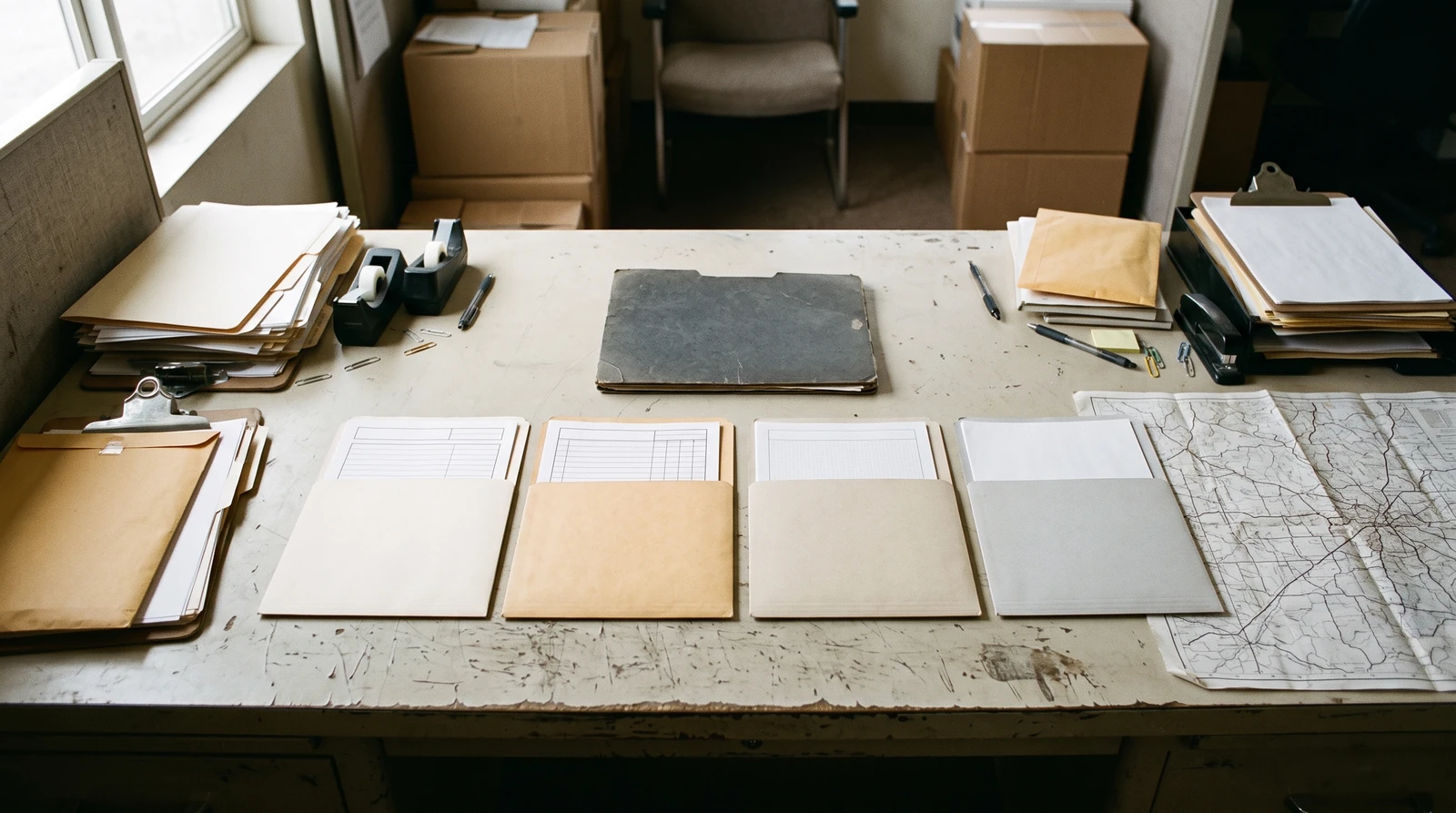 Four neutral customer order sleeves aligned beneath a single container-reference folder on a broker dispatch desk, no readable customer names.