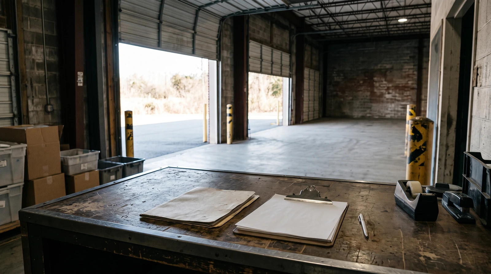A commercial receiving department counter with a plain arrival folder and an empty bay seen beyond, crisp side lighting, no invented Sherbrooke business sign.