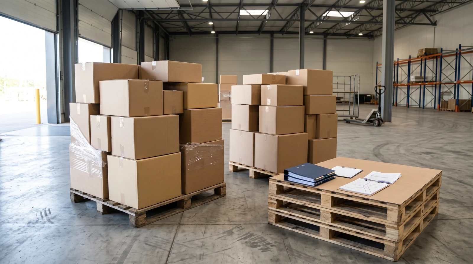Marchandises emballées et matériel de préparation dans un espace de réception.