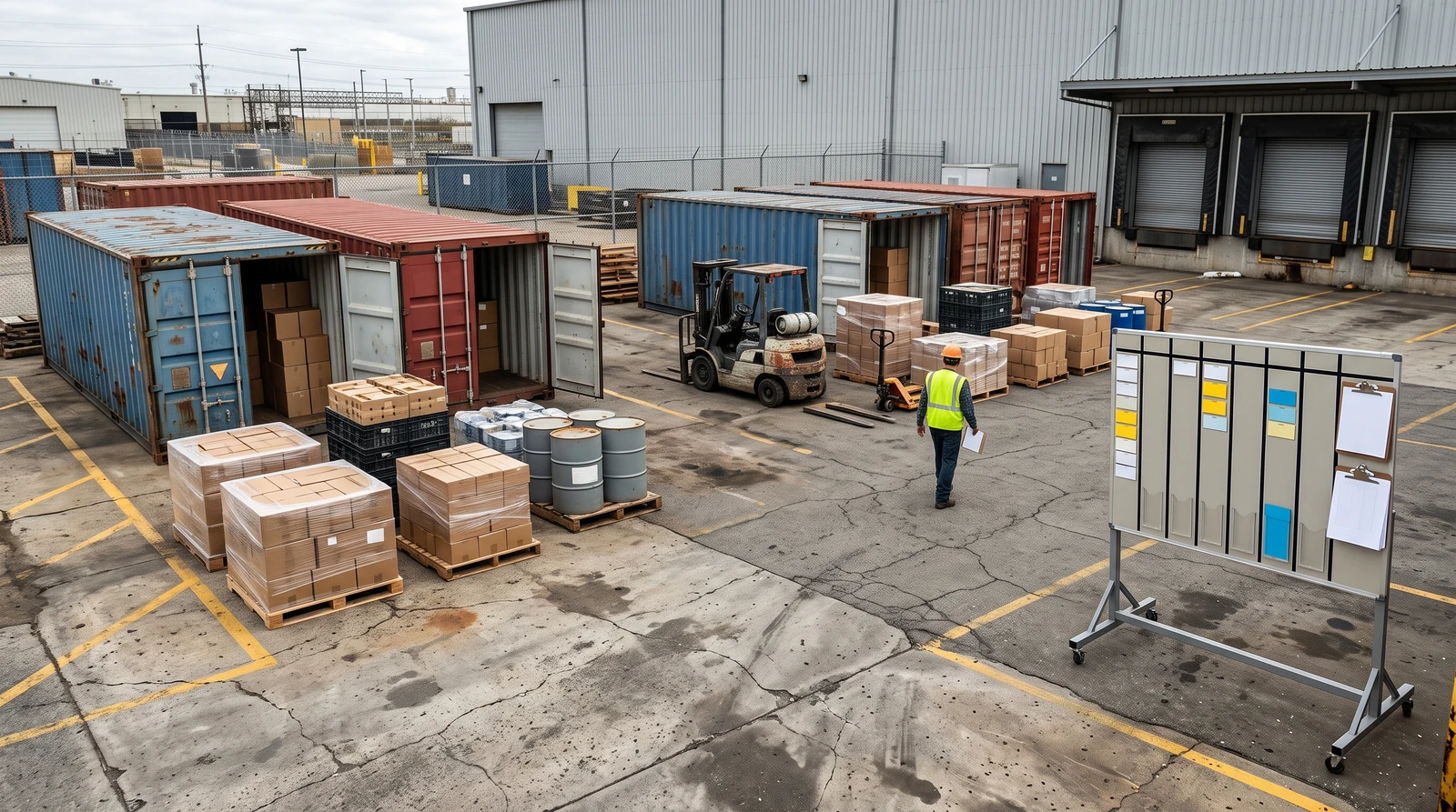 Two prepared container inventory groups at a business receiving yard, one neutral sequence board beside them; no repeated single-container highway composition.