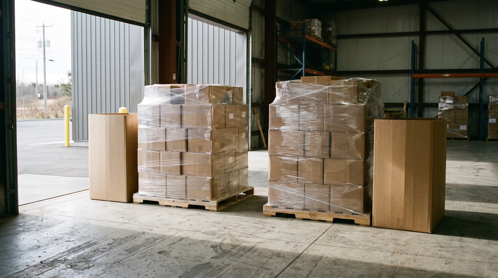 Marchandises emballées et matériel de préparation dans un espace de réception.