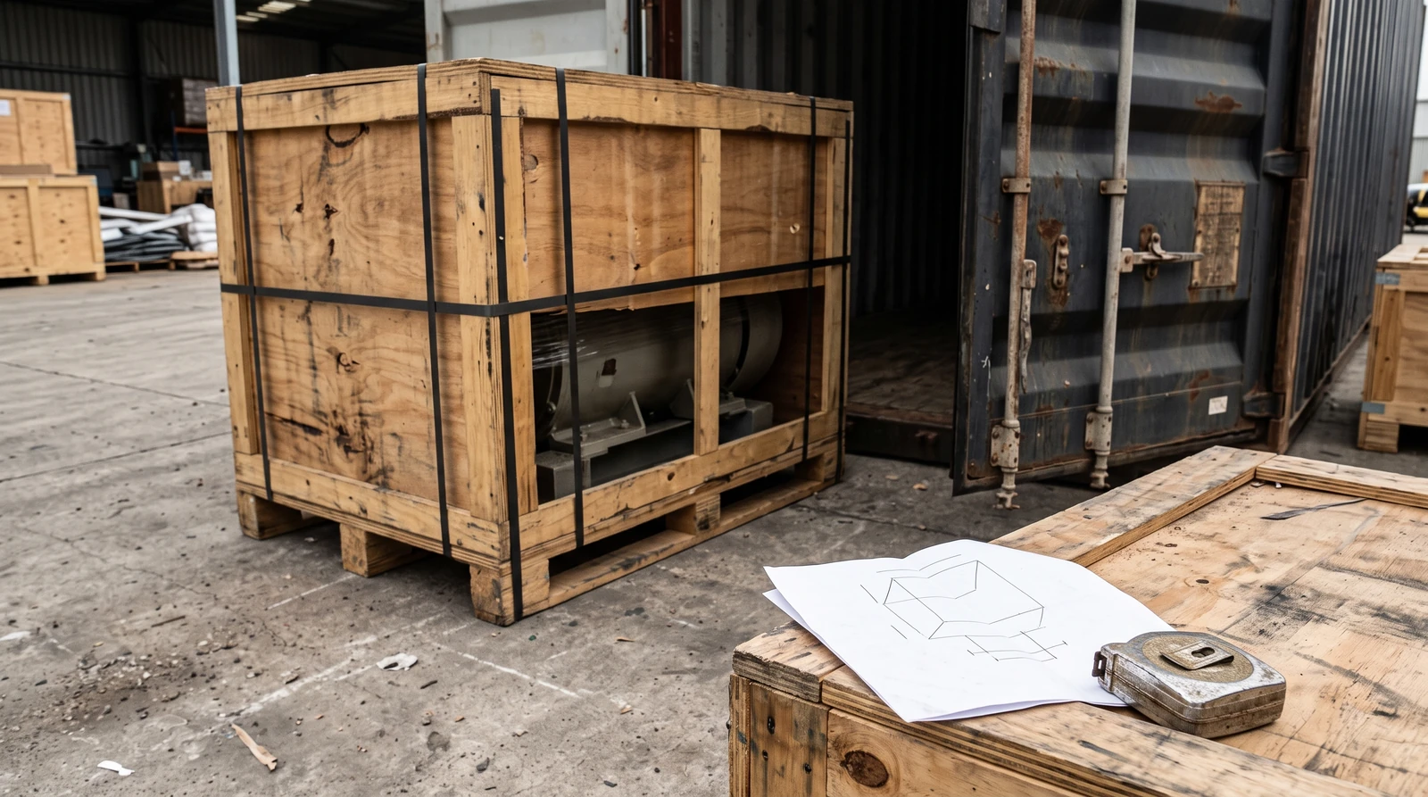 Marchandises emballées et matériel de préparation dans un espace de réception.