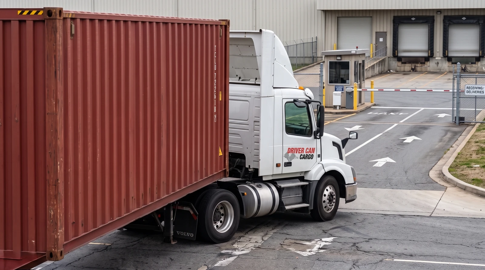 White Volvo tractor with a raised white roof fairing and a dry container.