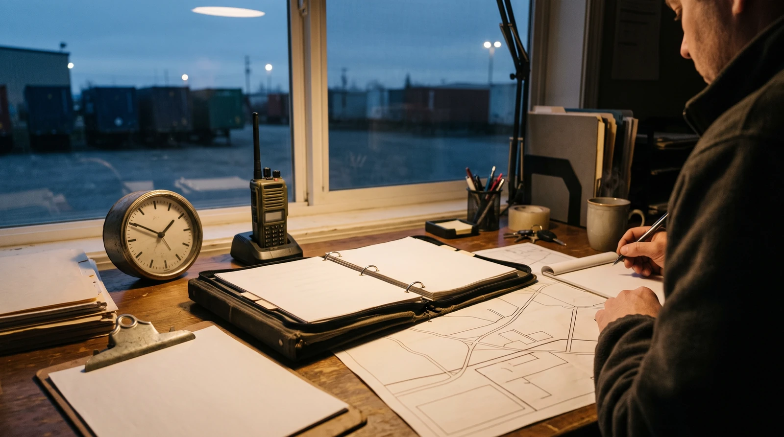 A dispatch desk at early dawn with a clock, one ready container reference folder and a radio; focused time-window planning, no speeding truck or guaranteed deadline.