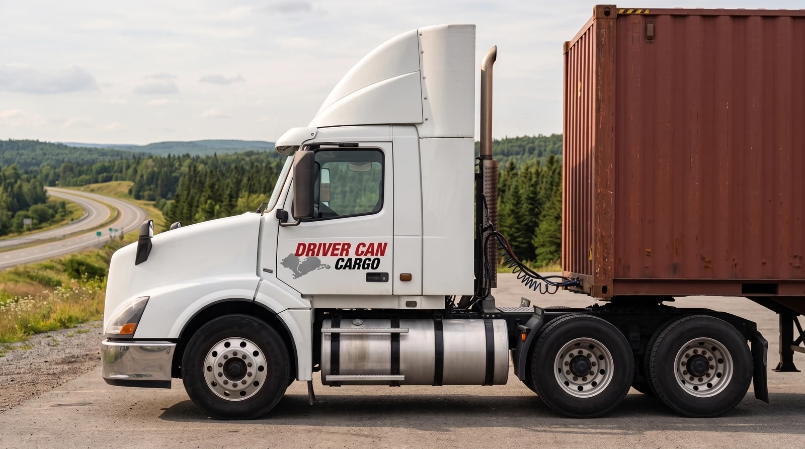 White Volvo tractor with a raised white roof fairing and a dry container.