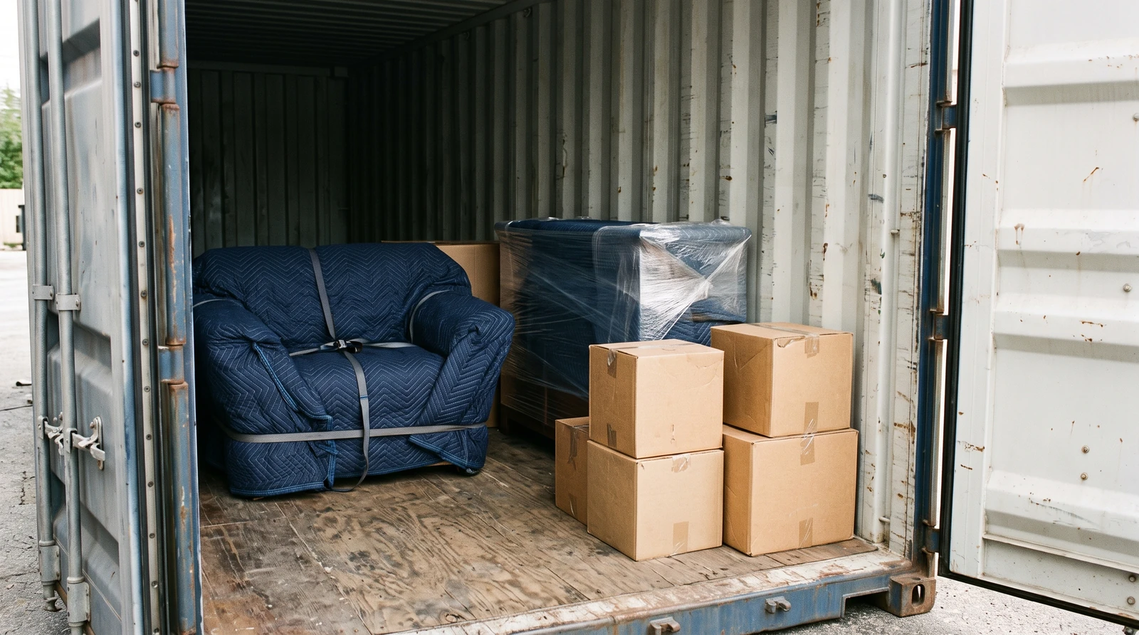 A sofa protected in navy moving blankets, one wrapped sideboard and a few sturdy cartons arranged in a dry container, seen diagonally from its open doorway.