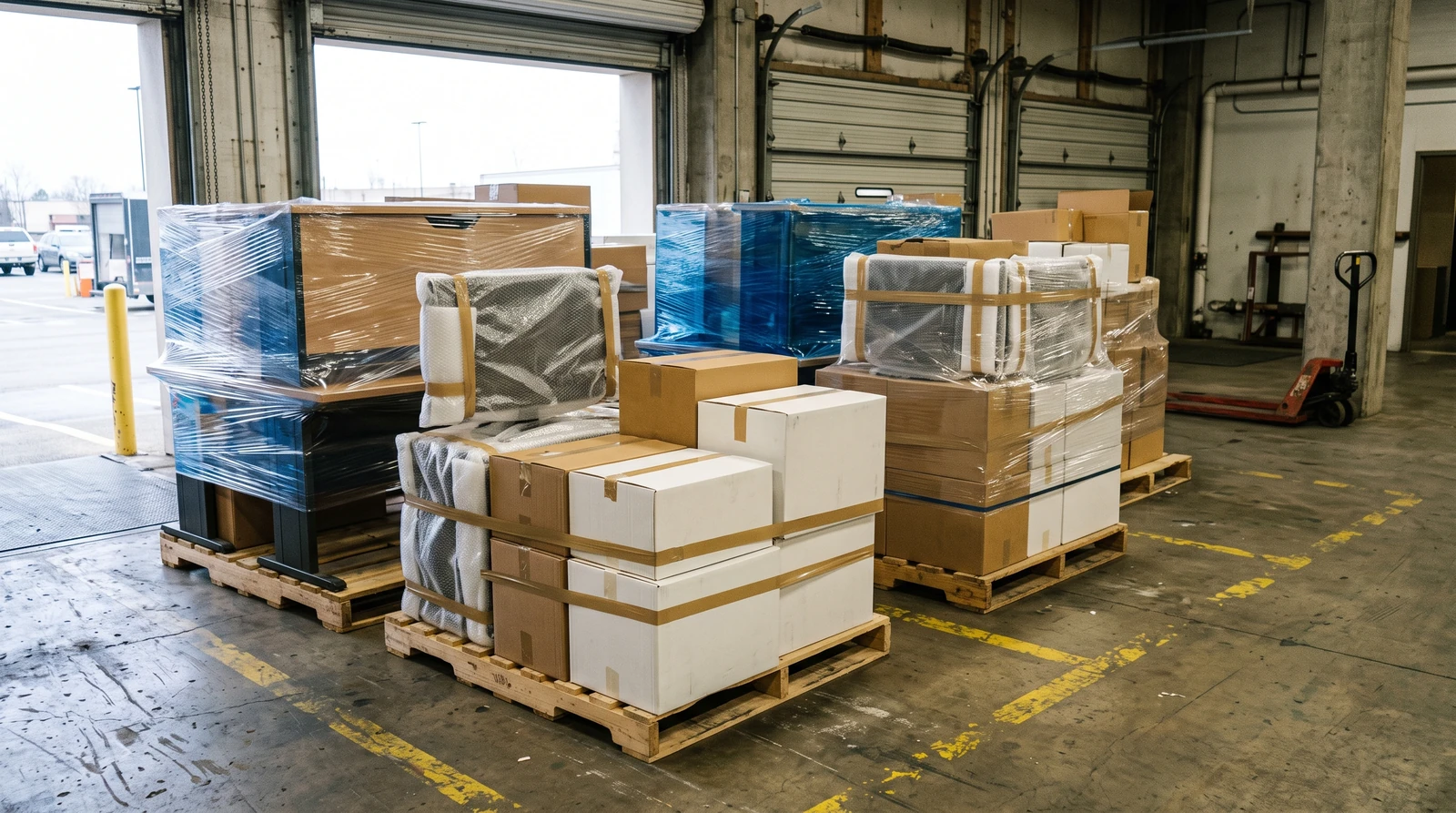 Wrapped office desks, protected monitors and labelled-neutral cartons grouped by workstation on stable pallets at a commercial loading area.