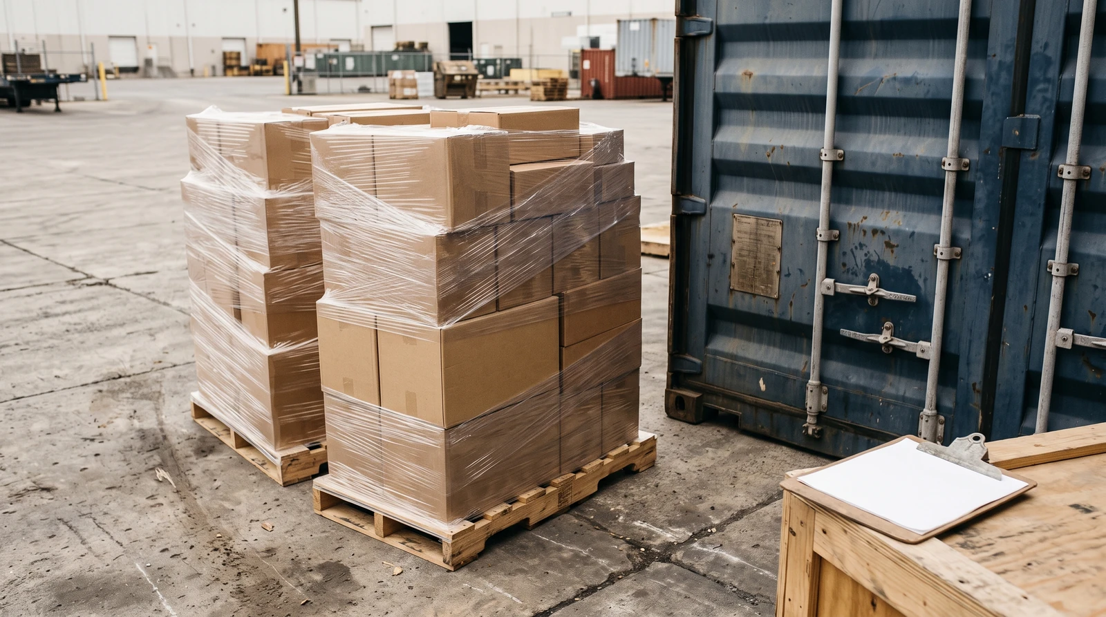 Retail replenishment cartons on two neatly wrapped pallets beside a dry container, with one plain inventory clipboard at the side; eye-level stock-led framing.