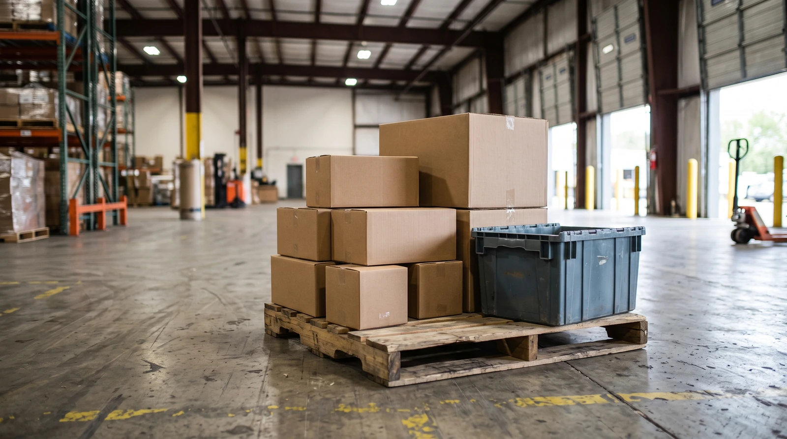 Grouped e-commerce cartons in three tidy sizes on one low pallet inside a receiving warehouse, with a neutral order tote and no readable customer information.