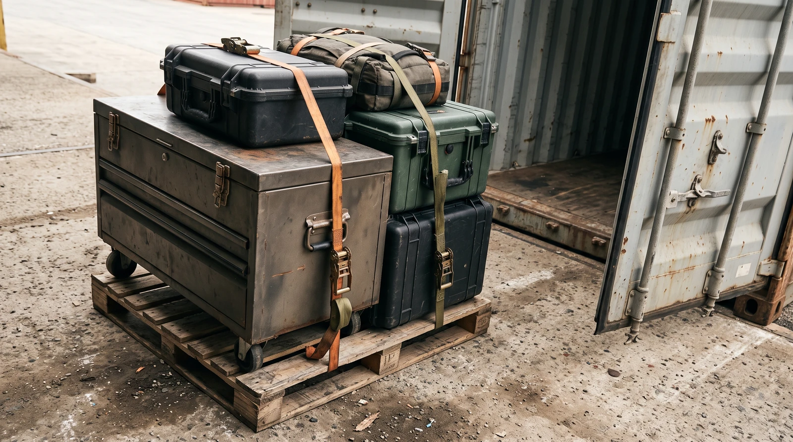 A closed industrial tool chest and robust tool cases secured as prepared cargo beside a container entrance, photographed from a low diagonal angle.