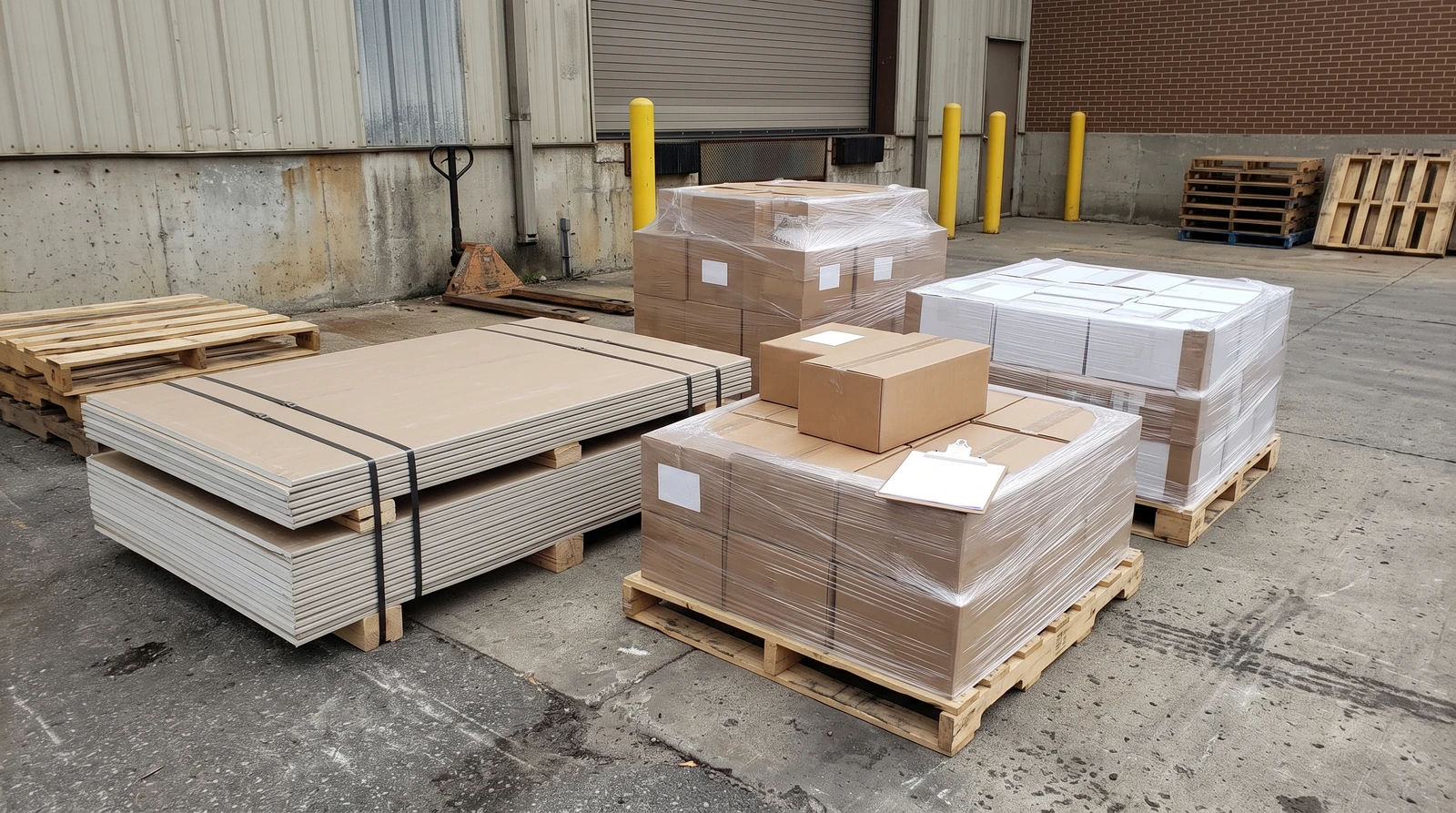 Strapped flat building panels and packaged renovation supplies placed on stable supports near a commercial receiving area, clear prepared-load organization.