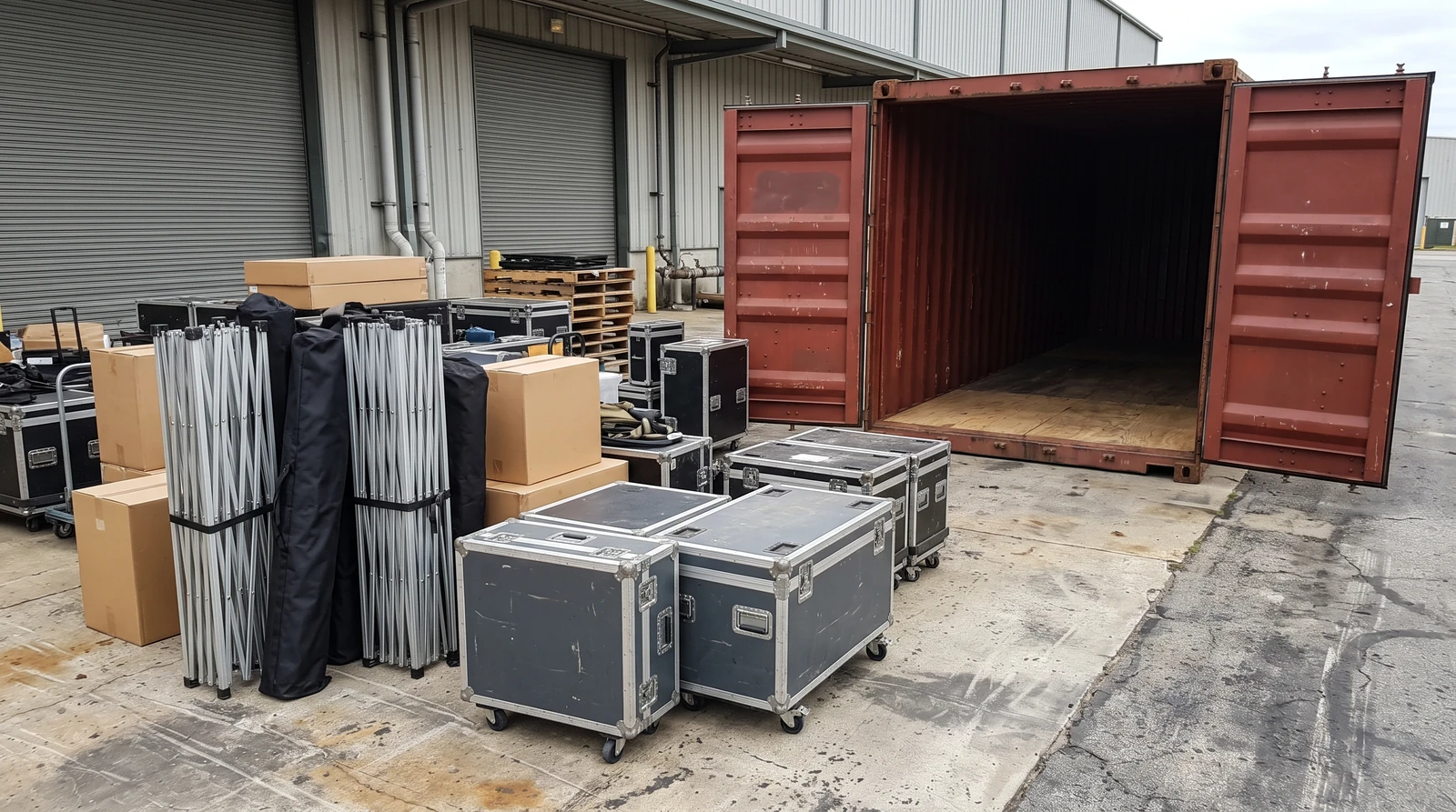 Folded trade-show display frames and numbered-neutral reusable flight cases arranged by an open dry container; exhibition freight readiness without a live show crowd.