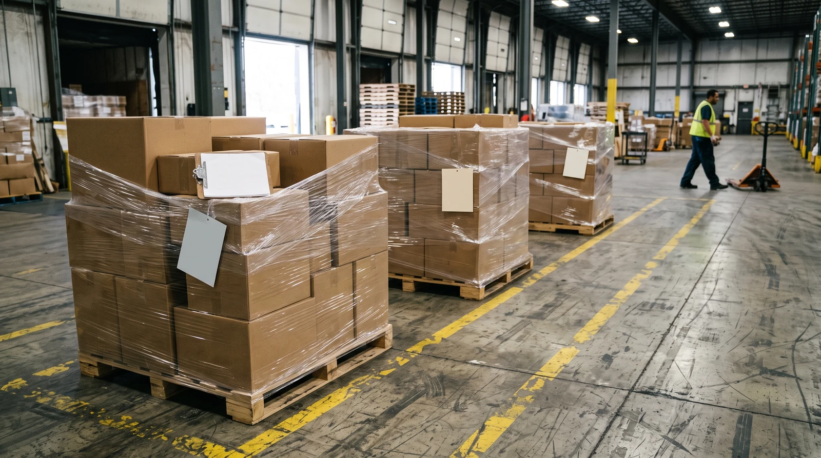 Three separated pallet groups with distinct neutral colour tags waiting in an orderly warehouse dispatch lane; the emphasis is a sequenced inventory transfer.