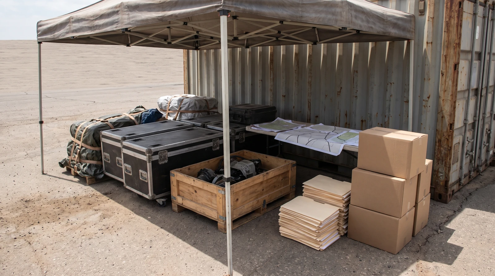 Prepared workshop cases, one compact machinery crate and wrapped project materials grouped safely under a commercial canopy beside a dry container.